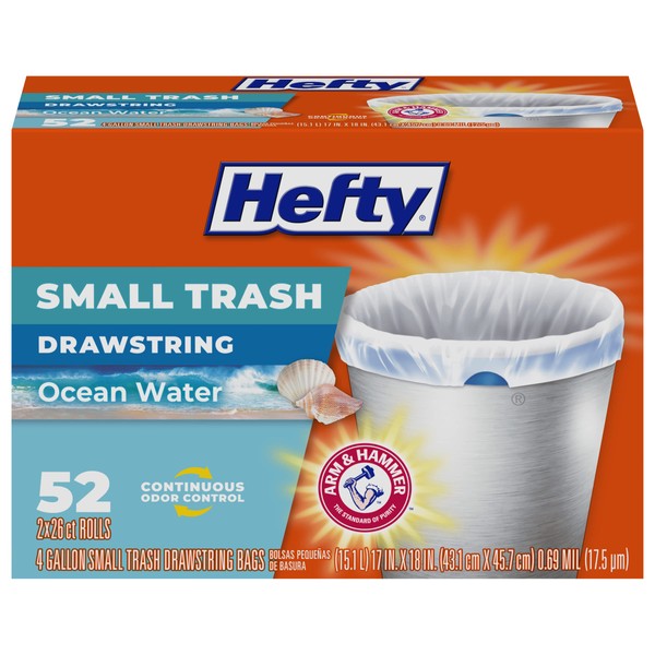 Hefty Small Trash Bags, Ocean Water Scent, 4 Gallon, 52 Count