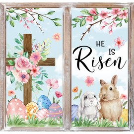 JarThenaAMCS Easter He is Risen Window Clings Bunny Egg Floral Cross Rabbit Window Stickers Double-Side Glass Decals for Spring Party Decor, 7.9 x 11.8 Inch, 9 Sheets