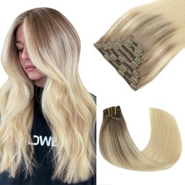SAFIRENY Clip In Hair Extensions Real Human Hair, 14inch 140g 7pcs ombre Ash Brown to Platinum Blonde Hair for Women, Straight Clips Ins (#8T60-14inch)