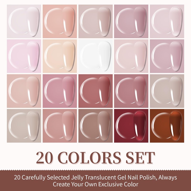 JODSONE 23PCS Gel Nail Polish Set 20 translucent Jelly Color