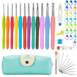 Aucuu Crochet Hooks Set, 12 Sizes Crochet Hooks, 47 Pack Knitting Kit, Aluminum Crochet Needles with Crochet Hook Case, for Beginners Adults Ergonomic Soft Grip Handle for Crochet Gift Arthritic Hands