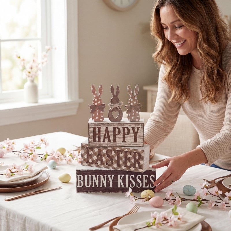 Yousoontic 5 Pcs Easter Wooden Table Decorations Bunny Tiered Tray