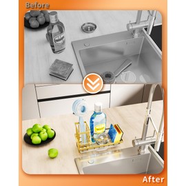 SWTYMIKI Sink Caddy Kitchen Sink Organizer with Detachable Brush Holder, Stainless Steel Sink Sponge Holder with Removable Drip Tray Sponge Caddy for Kitchen Sink Countertop, Gold