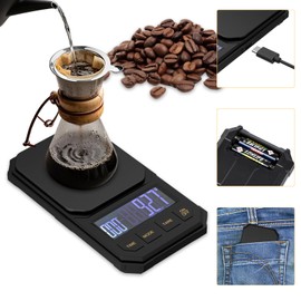OCCULO Báscula Digital de Cocina 2KG/0.1g,Báscula de Café Recargable con Temporizador, Pantalla LED Partida, 4 Unidades (g/oz/ml/lb), Bandeja Incluida, 4 Botones, Ideal para Café y Repostería