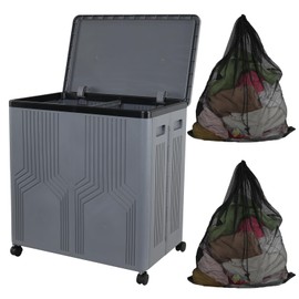 Morcte 120 L Double Collapsible Laundry Hamper with Lid and Wheels, Gray