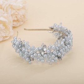 Teyglen Bridal Blue Pearl Beads Tiara Headband Crystal Wedding Hair Crown Handmade Rhinestone Headpieces Hair Accessories for Women Wedding Prom Birthday Party