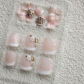 Flower Press on Toenails White French Tip Fake Toenails with Rhinestone Design Glossy Glue on Toe Nails Artificial Acrylic Full Cover False Toenails Short Square Stick on Toes for Women Manicure 24Pcs
