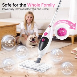 12-in-1 Steam Mop Cleaner, 15-Sec Fast Heat-Up, 1200W Floor Steamer with Double-Sided Pads, Removes 99.99% Stubborn Stains for Hardwood Floors, Marble, Clothes, Windows, Tiles, White