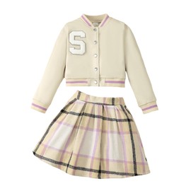 YOURUIKEY Cute Clothes for Girls Fall Winter 2 Piece Back to School Outfit Kid Baseball Jacket Plaid Skirt Clothing Set Size 11-12