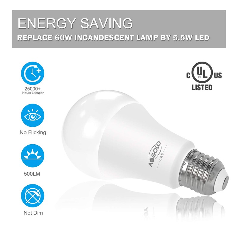 AOGOLO A19 5.5Watt, 4200K 6 Pcs 40 Watt Equivalent, LED