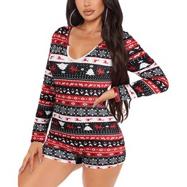 Piacakece Women Christmas Pajamas One Piece Bodycon Romper Shorts V-neck Long Sleeve Jumpsuit Pjs Playsuit (US, Alpha, Small, Regular, Regular, Red)