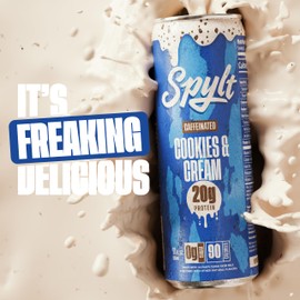 Spylt High Protein Cookies & Cream Milk with 60mg Caffeine & 20g Protein - 90 Calories, Ready to Drink, Sugar Free, Lactose Free Milk, Perfect for Workout Recovery & Afternoon Pick Me Up - 12 Count