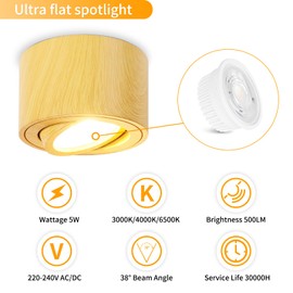 GeyouLux LED Surface-Mounted Spotlights, Dimmable, Extra Flat & 30° Swivel, Diameter 80 x 50 mm, Wooden Ceiling Spotlights, Includes 5 W 500 LM LED Module 230 V - 3000 K/4000 K/6500 K, Surface-Mounted