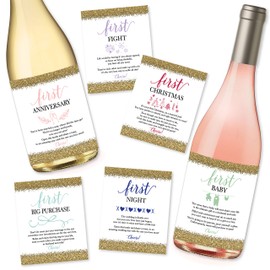 6 Wedding Milestones Gift Wine Bottle Labels or Sticker Covers, Bridal Shower, Bachelorette Engagement Party Present, Perfect Best Registry For Bride To Be, Firsts For The Newlywed Couple Basket Ideas