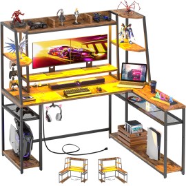 Homieasy 63'' L Shaped Gaming Desk with LED & Outlets, Computer Desk with Hutch  Shelves - Brown