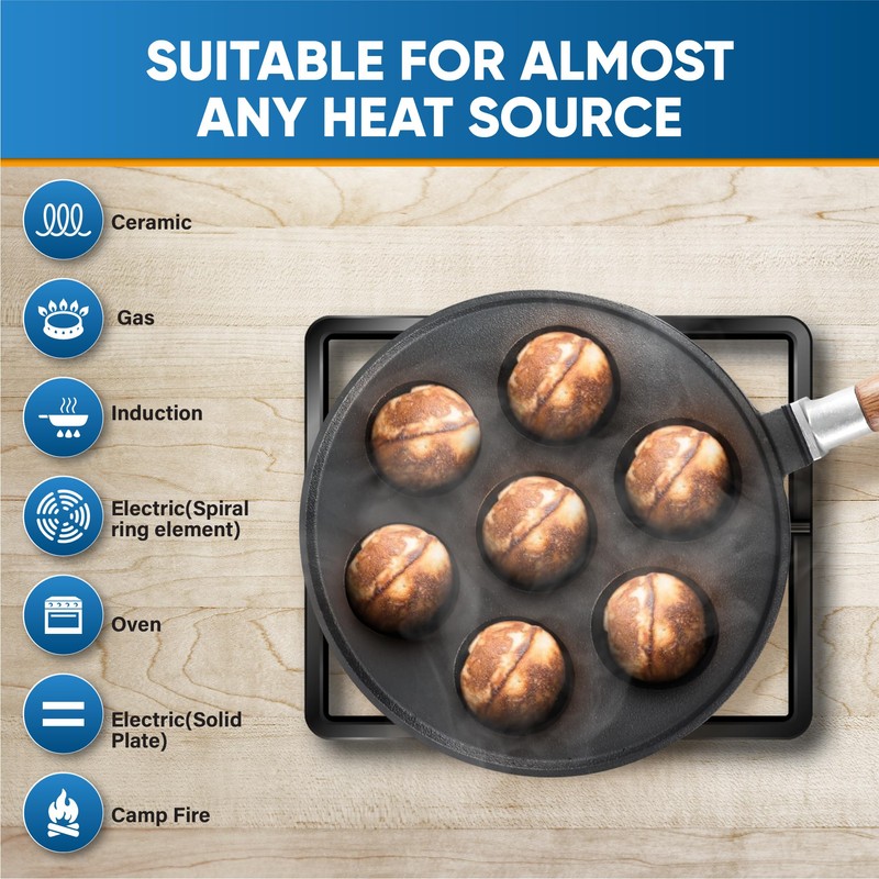 StarBlue 7-Hole Cast Iron Aebleskiver Pan Detachable Wooden Handle, Pre-Seasoned,