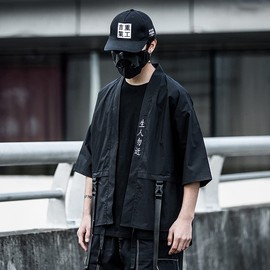 Niepce Inc Japanese Streetwear Open Front 3/4 Sleeve Samurai Kimono Cardigan for Men (Black, Large)