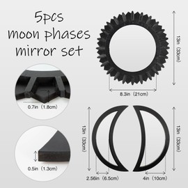 WAKOSAN Wall Mirror, Moon Phase Mirror Set, Wall Decor for Bedroom, Bohemian 5PCS Wooden and Real Glass Mirror with Crystal Clear Reflection, Boho Decor, Multi-Angle Installation (Black)