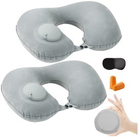 HINATAA Inflatable Travel Pillow, 2 Pieces Neck Pillow, Inflatable Neck Pillow, Aeroplane, Car U Shape Pillow, Office Neck Support Pillow with Pressing Inflation Pump/Bag/Eye Mask/Ear Plugs (Grey)