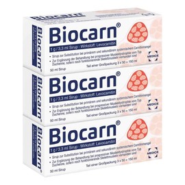 Biocarn Syrup 3 x 50 ml for carnitine deficiency - strengthens the heart and skeletal muscles - prevents muscle weakness and muscle atrophy - L-carnitine