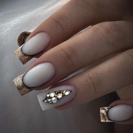 24PcsMedium Press on Nails Square Fake Nails Gold Glitter Sequins with Rhinestones Exquisite Design Glossy Full Cover French Tip False Nail Acrylic Nails Reusable Artificial Nails for Women Daily Wear