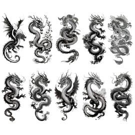Konsait 10 láminas de tatuajes temporales realistas para hombres y mujeres, tatuajes falsos de dragones de Oriente y Occidente de gran tamaño para medio brazo, ideales para fiestas, maquillaje, festiv