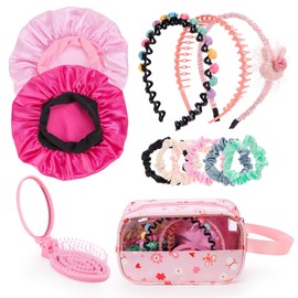Girls Hair Accessories Kit - Detangling Brush with Mirror, 6 Scrunchies, 2 Satin Bonnets, 3 Headbands, Makeup Bag, Pink - Cute Hair Set for Girl Gifts