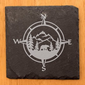 Slate Coasters: Wilderness Wonders - Laser Etched Nature Scene with Mountains, Trees, and Bear in Compass Center - Rustic Home Decor Gift - Square Slate - set of 6
