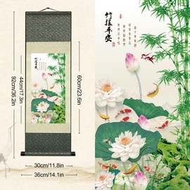 Newscz Asian Wall Art for Bedroom & Kitchen - Silk Scroll Paintings with Bamboo, Lotus Flower Themes - 36 x 12 in