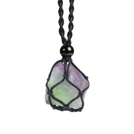 Anjiucc Natural Raw Gemstone Crystal Pendant Necklace Stone Holder Necklace Cord Hand-Woven Necklace with Adjustable Length for Women Men(Fluorite 2)