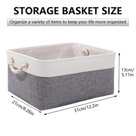 June tech Small Fabric Storage Basket with Handles Waterproof Foldable Storage Baskets Canvas Linen Storage Baskets for Clothes, Toys, Towels, Office Products (Grey & White-3 pack)
