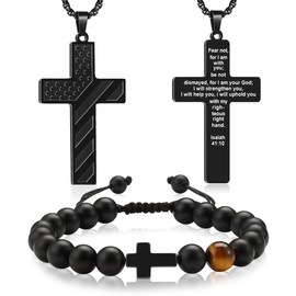 YUCSAWJK Cross Necklace Bracelet Set 26 Inch Stainless Steel Necklace Adjustable Natural Stone Bracelet Men Boys Holiday Jewelry Gift (Isaiah 41:10)