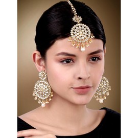 Aheli Ethnic Faux Kundan Drop Pearl Beads Dangle Aretes Maang Tikka Set Bollyood Wedding Party Fashion Jewelry para mujeres y niñas (White Drop Pearls)