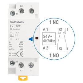 Baomain AC Contactor 24VAC 40A Coil 2 Pole 1NO1NC Universal Circuit Control 35mm DIN Rail Mount CE Listed BCT-40/11 (40 Amp.)