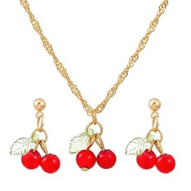 Red Crystal Cherry Fruit Earring Pendant Necklace for Women,Creative Cute Tropical Fruit Cherry Choker Sweet Shining Green Leaf Ruby Red Cherry Stud Earrings (B)