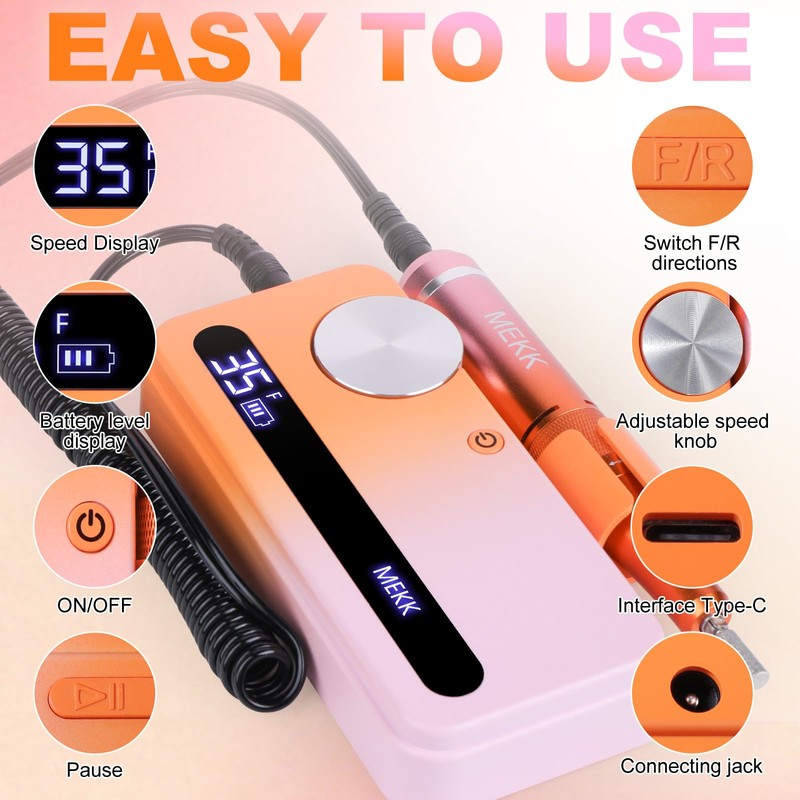 MEKK Nail Drill Professional Electric Nail Drill Cordless Nail Drill