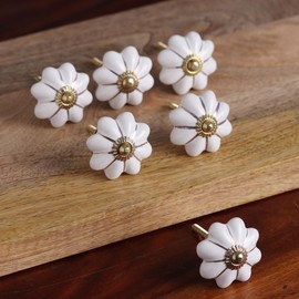 NOVICA White Ceramic Metal Floral Decorative Cabinet Knobs 'Pale Floral Beauties' (Set Of 6, Screws Included)