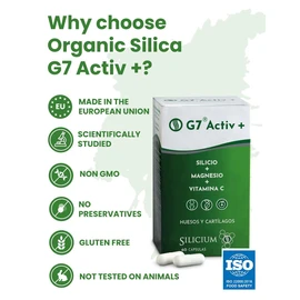G7 Activ+ Enhanced Formula Silicon Supplement with Vitamin C and Magnesium that improves the normal maintenance of bones and joints. Additional energy and vitality. 60 capsules.