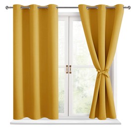 Hiasan Short Blackout Curtains for Bedroom - Thermal Insulated & Light Blocking Window Curtains for Living Room, 2 Drape Panels Sewn with Tiebacks, Mustard Yellow, 42 x 45 Inch