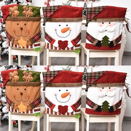 IUIBMI 6 PCS Christmas Chair Covers, Christmas Dinner Table Chair Slipcovers 3D Santa Claus & Snowman Christmas Chair Back Cover for Xmas Home Kitchen Holiday Festival Party Decor