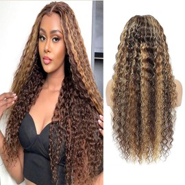Xojao Highlight Water Wave HD Lace Front Wigs Human Hair 10A Deep Curly Honey Blonde 13x4 Transparent Lace Frontal Wigs P4/27 Wet And Wavy Wigs Human Hair for Women 180% Density (22Inch, Highlight)