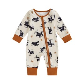 Mieeyali Western Baby Boy Clothes Cowboy Baby Outfit Infant Knight Print One-piece Jumpsuit Newborn Fall Winter Romper (Apricot, 6-12 Months)