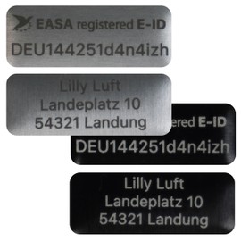 Flying-Drone – Set of 2 Drone License Plates 20 x 8 mm for DJI NEO & Other DJI Models Black or Silver E-ID + Individual Address Engraved Fireproof Drone Badge According to EASA Standard