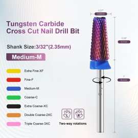 5 in 1 Cross Cut Nail Drill Bit, Tungsten Carbide Multi-Function Bit for Acrylic Nails, Hard Gels, Cuticles Removal, 3/32" Shank, Two-Way Rotation for Left &Right-Handed Use (M Grit, Purple)