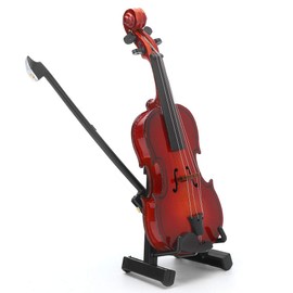 1/6 Scale Wooden Violin Model,Mini Musical Instrument Crafts Ornament Accessory with Stand&Case for Dollhouse Home Decoration(10cm/ 3.9in)