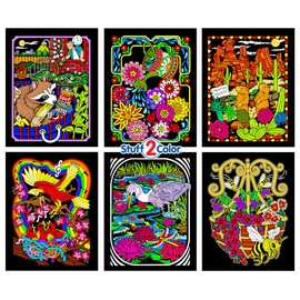 Stuff2Color Fuzzy Velvet Coloring Posters (6 Pack) - Flowers, Raccoon, Bee,Prairie Dogs, Birds & More (Hours of Coloring for Kids & Adults!)