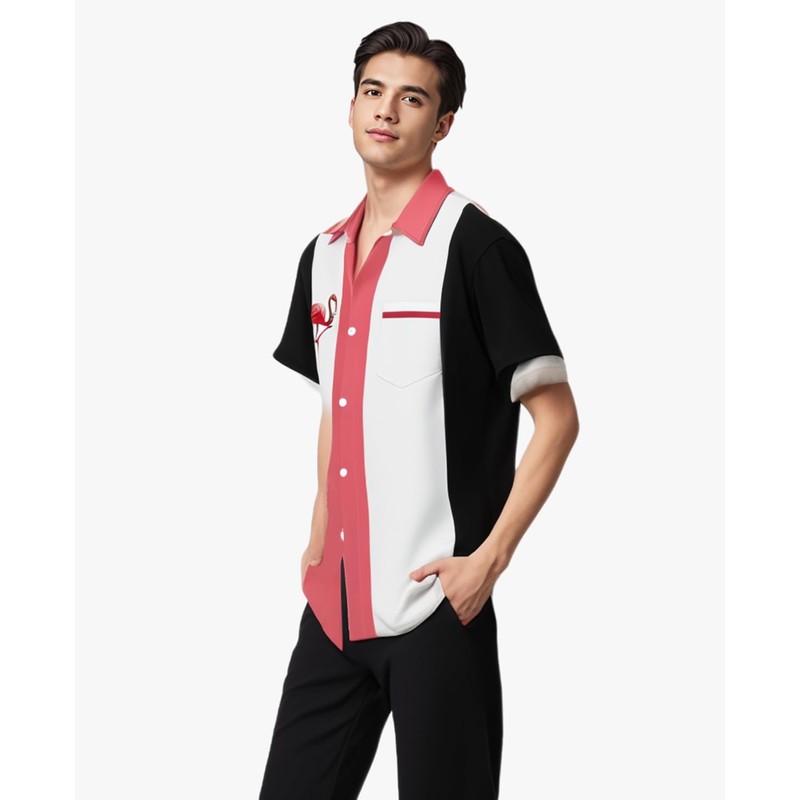 Flamingo Bowling Shirts for Men Print Short Sleeve Casual Button