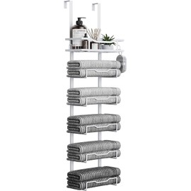 Aetyord Hanging Towel Racks for Bathroom No Drill - Over The Door 6-Tier Bath Towel Storage Organizer for Small Bathrooms - Back Door Large Tiered Towel Holder Hanger for Rolled Towels RV Camper White