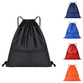 Drawstring Backpack Bag with Front Pocket Waterproof Oxford Cloth, Lightweight Gym Sack for Sports and Travel (Black, Large)