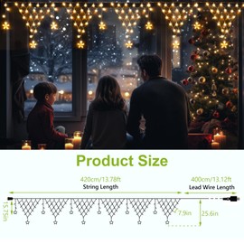 (New) Christmas Lights Outdoor, 13.8ft 218 LED 8 Modes Christmas Net Lights with Remote, Dimmable Curtain Fairy Lights with 12 Drop Stars for Outtdor, Backyard, Christmas Decorations - Warm White